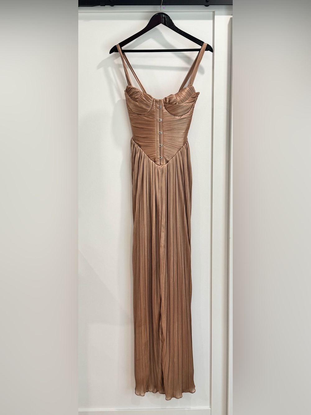 Metallic Bronze Maxi Dress with Pleated Skirt